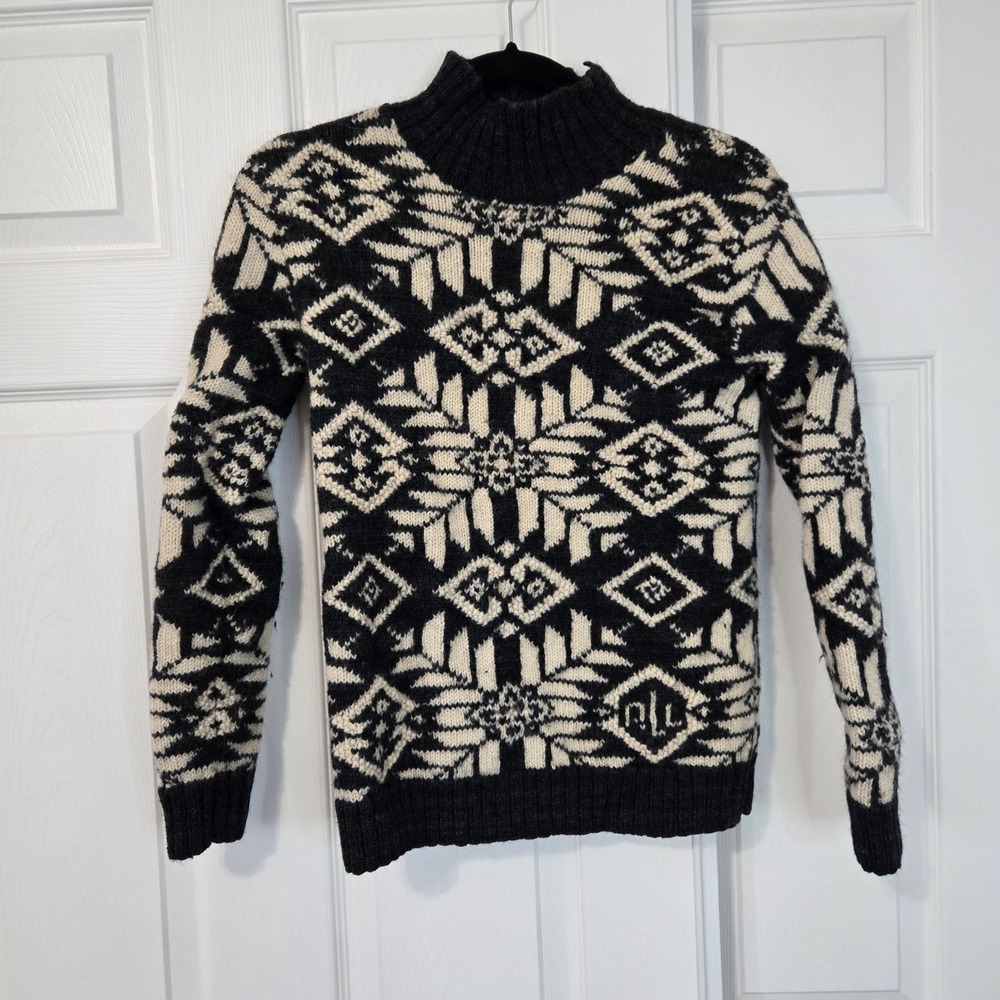 Ralph Lauren RL Monogram Fair Isle Sweater Black Cream Wool Mock Neck Vinatge S